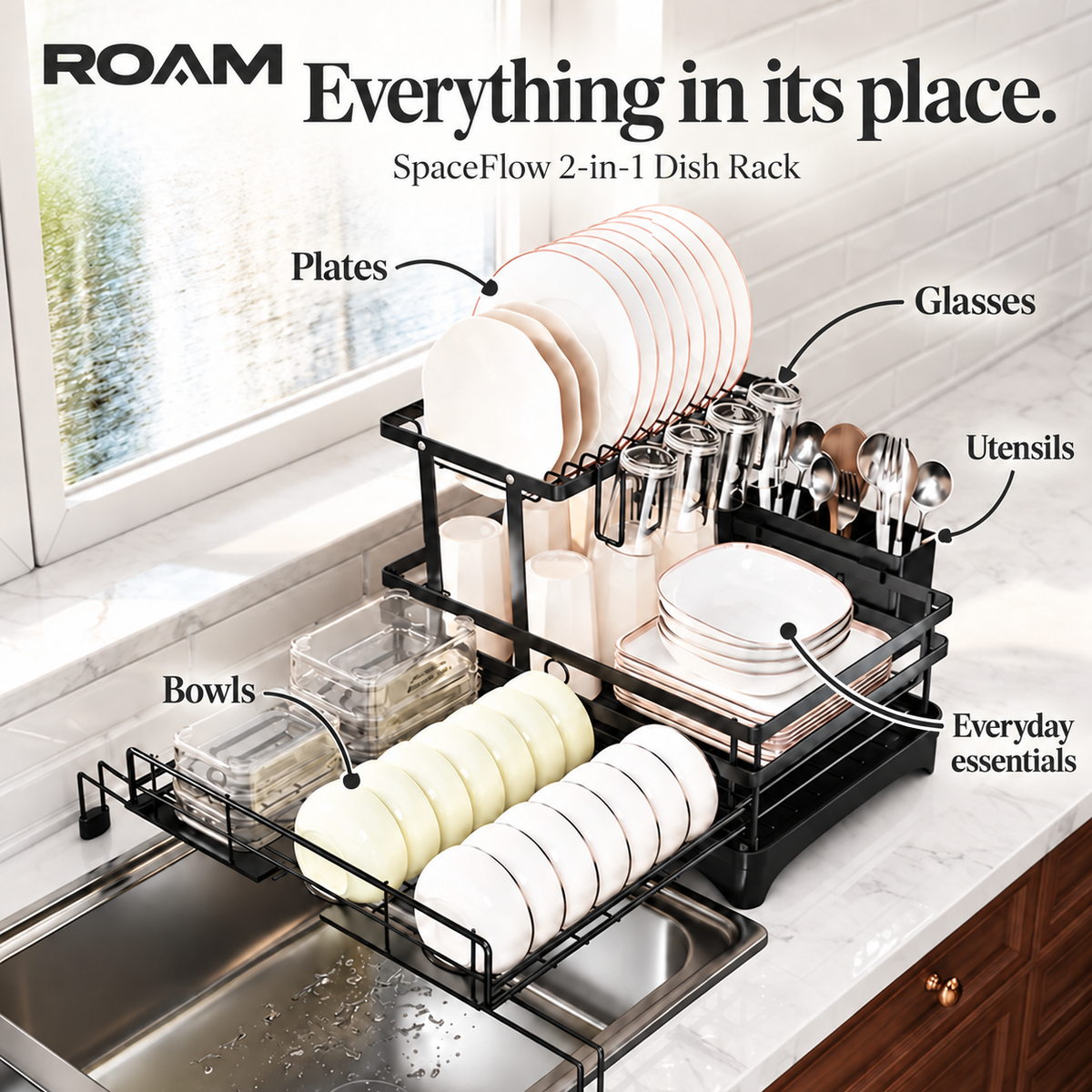 ROAM™ SpaceFlow — 2-in-1 Dish Drying Rack Active