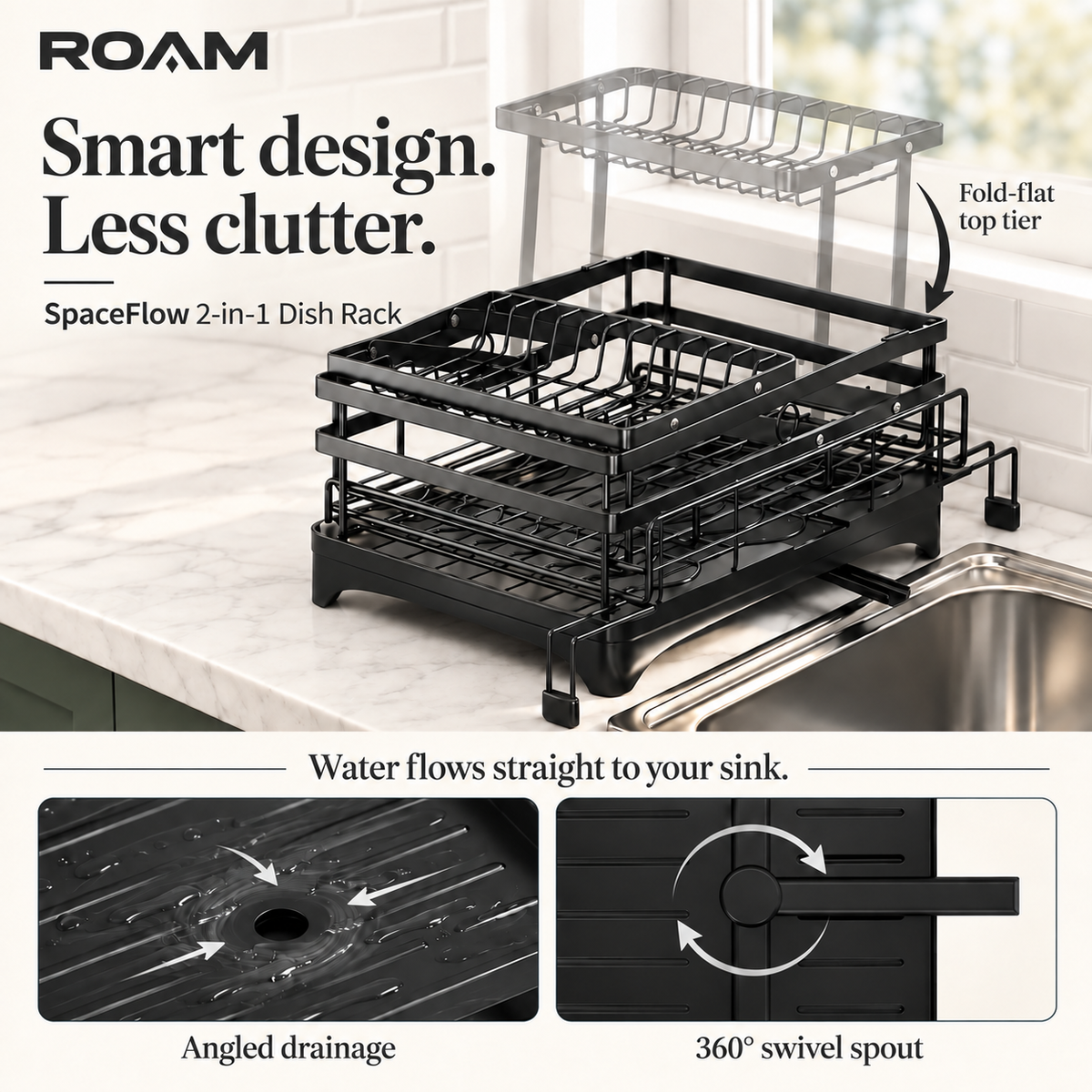 ROAM™ SpaceFlow — 2-in-1 Dish Drying Rack Active